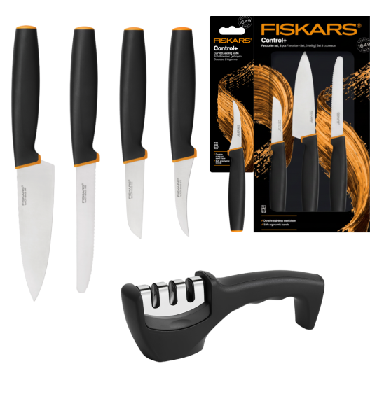 FISKARS CONTROL+ Zestaw 4 noży kuchennych FAVOURITE SET + Ostrzałka 3w1 uniwersalna / japońska stal nierdzewna