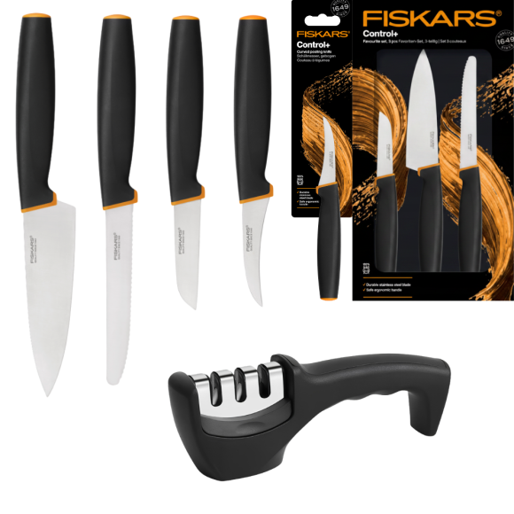 FISKARS CONTROL+ Zestaw 4 noży kuchennych FAVOURITE SET + Ostrzałka 3w1 uniwersalna / japońska stal nierdzewna