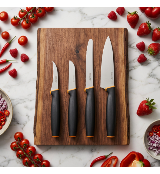 FISKARS CONTROL+ Zestaw 4 noży kuchennych FAVOURITE SET + Ostrzałka ceramiczna Essential Roll-Sharp / japońska stal nierdzewna