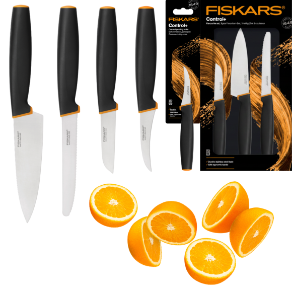 FISKARS CONTROL+ Zestaw 4 noży kuchennych FAVOURITE SET + Ostrzałka ceramiczna Essential Roll-Sharp / japońska stal nierdzewna