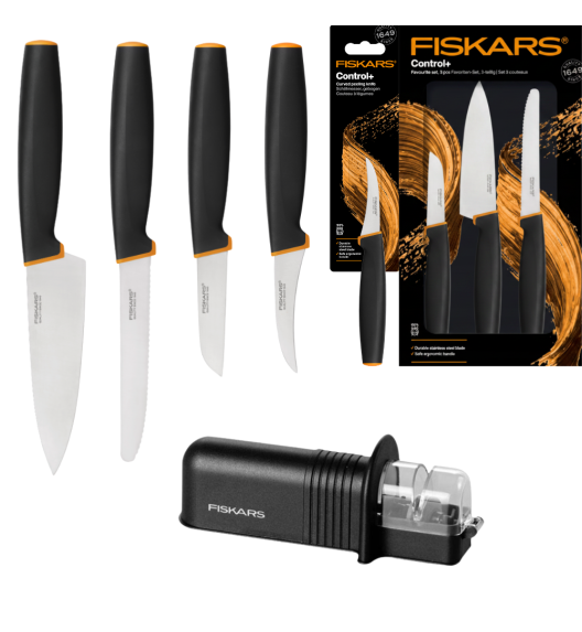 FISKARS CONTROL+ Zestaw 4 noży kuchennych FAVOURITE SET + Ostrzałka ceramiczna Essential Roll-Sharp / japońska stal nierdzewna
