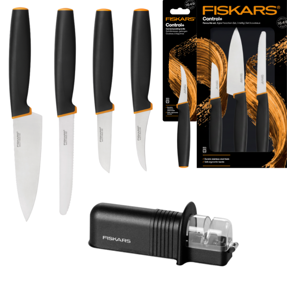FISKARS CONTROL+ Zestaw 4 noży kuchennych FAVOURITE SET + Ostrzałka ceramiczna Essential Roll-Sharp / japońska stal nierdzewna