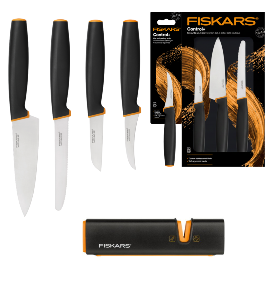 FISKARS CONTROL+ Zestaw 4 noży kuchennych FAVOURITE SET + Ostrzałka Edge / japońska stal nierdzewna