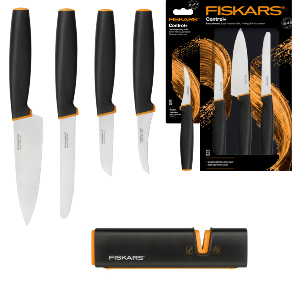 FISKARS CONTROL+ Zestaw 4 noży kuchennych FAVOURITE SET + Ostrzałka Edge / japońska stal nierdzewna