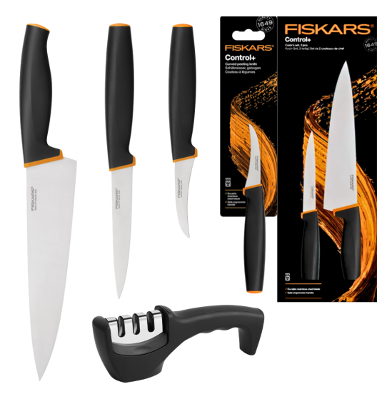 FISKARS CONTROL+ Zestaw 3 noży kuchennych COOK'S SET + Ostrzałka 3w1 uniwersalna / japońska stal nierdzewna