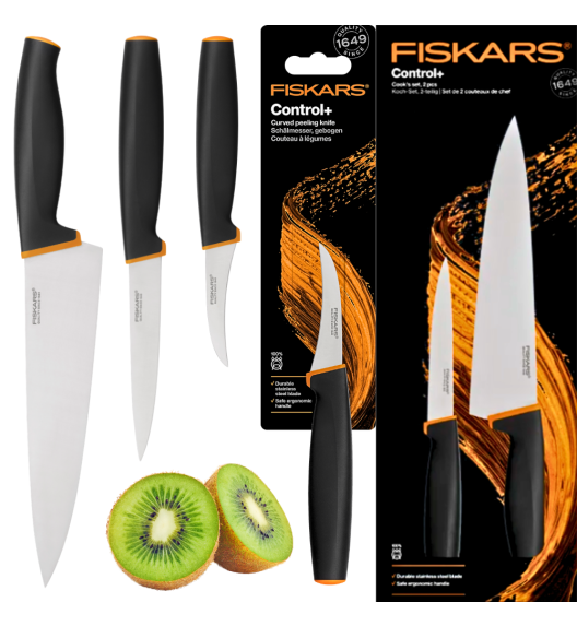 FISKARS CONTROL+ Zestaw 3 noży kuchennych COOK'S SET + Ostrzałka ceramiczna Essential Roll-Sharp / japońska stal nierdzewna