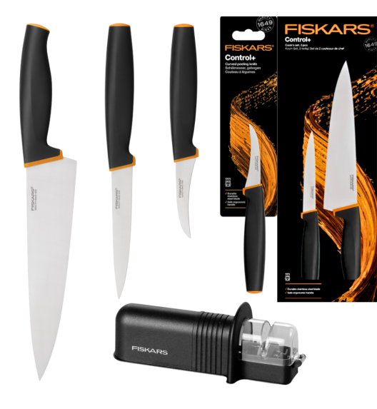 FISKARS CONTROL+ Zestaw 3 noży kuchennych COOK'S SET + Ostrzałka ceramiczna Essential Roll-Sharp / japońska stal nierdzewna