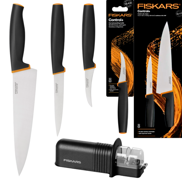 FISKARS CONTROL+ Zestaw 3 noży kuchennych COOK'S SET + Ostrzałka ceramiczna Essential Roll-Sharp / japońska stal nierdzewna