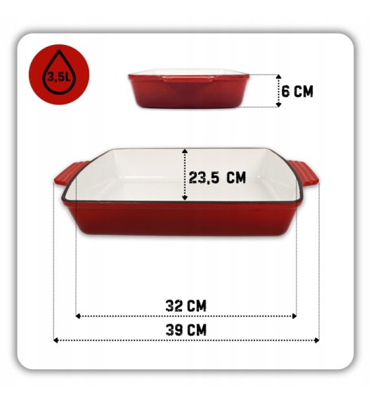 HAGE Forma do zapiekania brytfanna żeliwna 3,5 l emaliowana 32x23,5 cm / czerwona