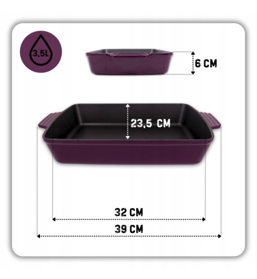 HAGE Forma do zapiekania brytfanna żeliwna 3,5 l emaliowana 33x23,5 cm / bakłażanowa