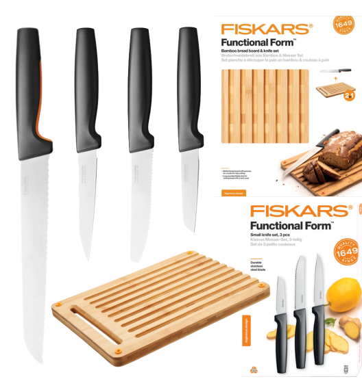 FISKARS FUNCTIONAL FORM 10577561+1057551 Komplet 4 noży kuchennych + deska do krojenia 35x25 cm w pudełku 