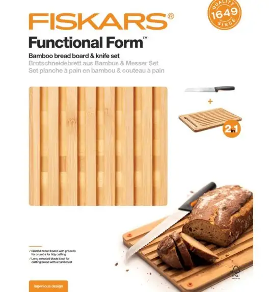 FISKARS FUNCTIONAL FORM 1057556+1057551 Komplet 4 noży kuchennych + deska do krojenia 35x25 cm w pudełku