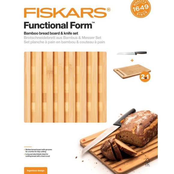 FISKARS FUNCTIONAL FORM 1057556+1057551 Komplet 4 noży kuchennych + deska do krojenia 35x25 cm w pudełku