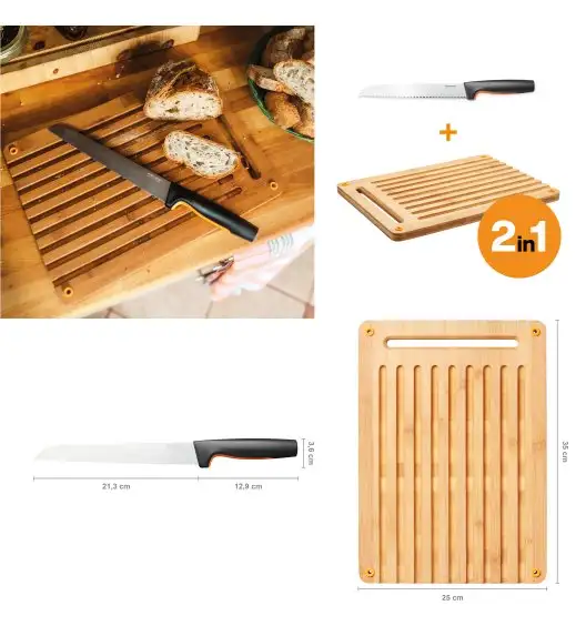FISKARS FUNCTIONAL FORM 1057556+1057551 Komplet 4 noży kuchennych + deska do krojenia 35x25 cm w pudełku