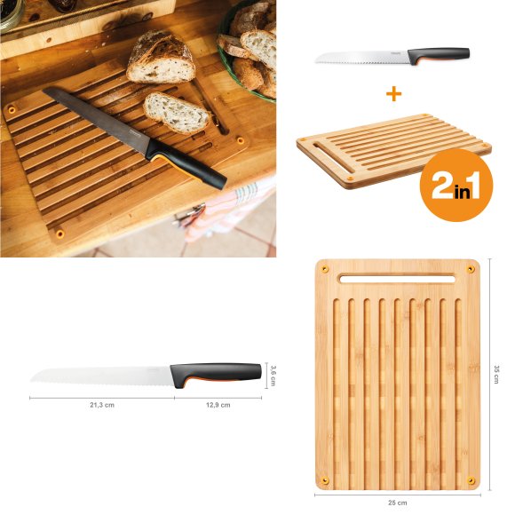 FISKARS FUNCTIONAL FORM 1057556+1057551 Komplet 4 noży kuchennych + deska do krojenia 35x25 cm w pudełku