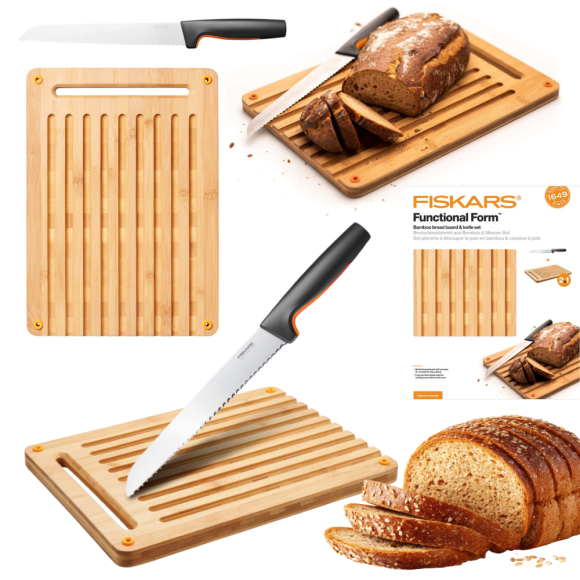 FISKARS FUNCTIONAL FORM 1057556+1057551 Komplet 4 noży kuchennych + deska do krojenia 35x25 cm w pudełku