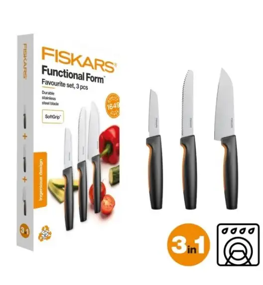 FISKARS FUNCTIONAL FORM 1057556+1057551 Komplet 4 noży kuchennych + deska do krojenia 35x25 cm w pudełku