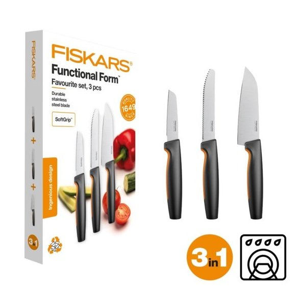 FISKARS FUNCTIONAL FORM 1057556+1057551 Komplet 4 noży kuchennych + deska do krojenia 35x25 cm w pudełku