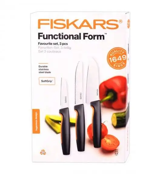 FISKARS FUNCTIONAL FORM 1057556+1057551 Komplet 4 noży kuchennych + deska do krojenia 35x25 cm w pudełku