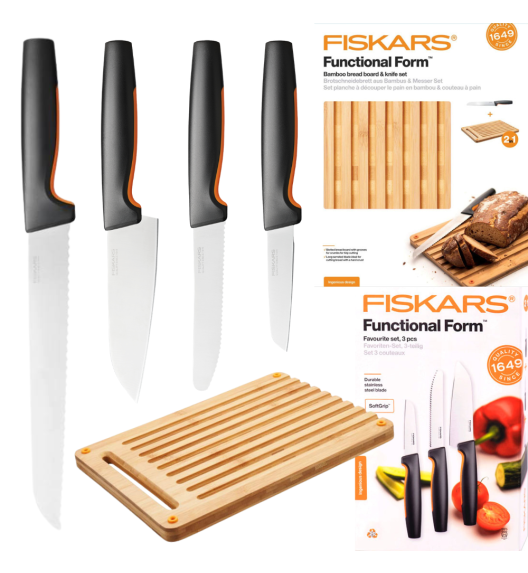 FISKARS FUNCTIONAL FORM 1057556+1057551 Komplet 4 noży kuchennych + deska do krojenia 35x25 cm w pudełku