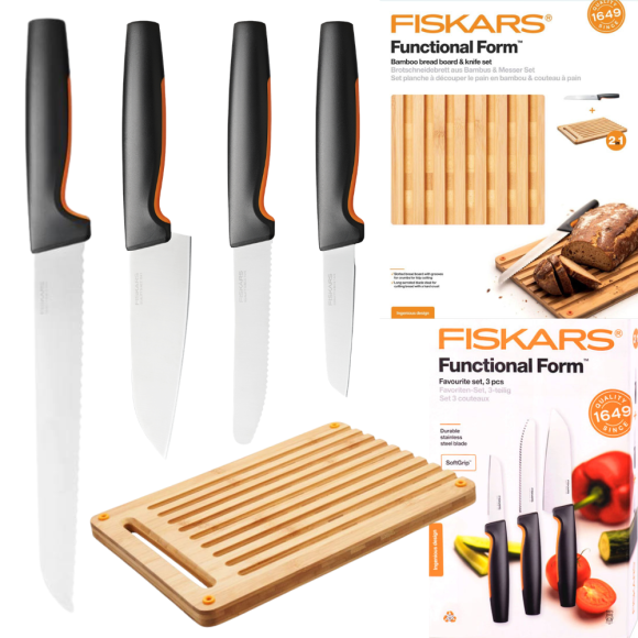 FISKARS FUNCTIONAL FORM 1057556+1057551 Komplet 4 noży kuchennych + deska do krojenia 35x25 cm w pudełku