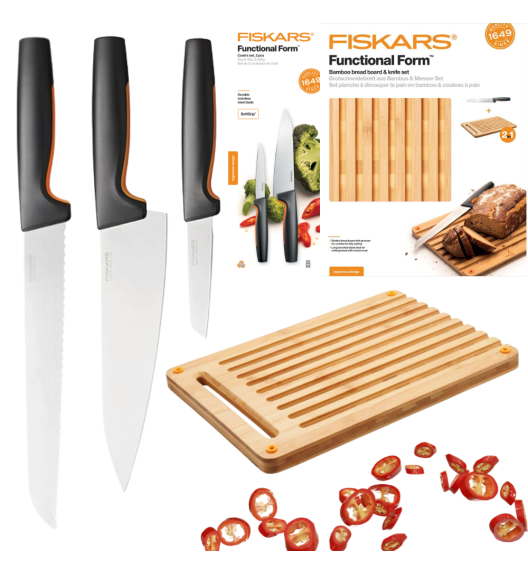 FISKARS FUNCTIONAL FORM 1057557+1057551 Komplet 3 noży kuchennych + deska do krojenia 35x25 cm w pudełku 