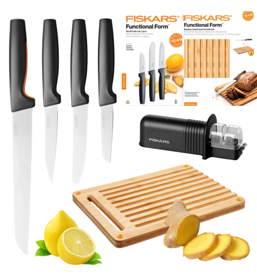 FISKARS FUNCTIONAL FORM 10577561+1057551 Komplet 4 noży kuchennych + deska do krojenia 35x25 cm w pudełku + ostrzałka ceramiczna Essential Roll-Sharp