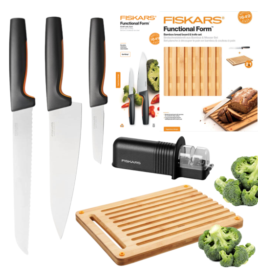 FISKARS FUNCTIONAL FORM 1057557+1057551 Komplet 3 noży kuchennych + deska do krojenia 35x25 cm w pudełku + ostrzałka ceramiczna Essential Roll-Sharp
