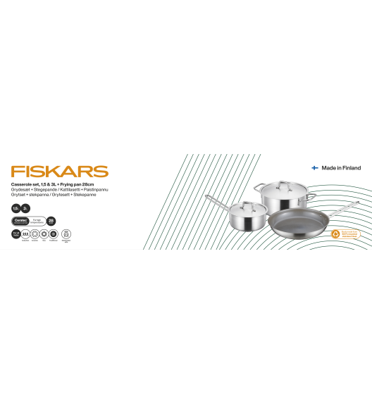 FISKARS Zestaw garnków 5 el | Garnek 20 cm / 3 L + Rondel 16 cm / 1,5 L + Patelnia 28 cm