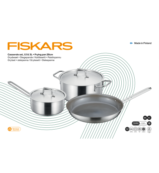 FISKARS Zestaw garnków 5 el | Garnek 20 cm / 3 L + Rondel 16 cm / 1,5 L + Patelnia 28 cm