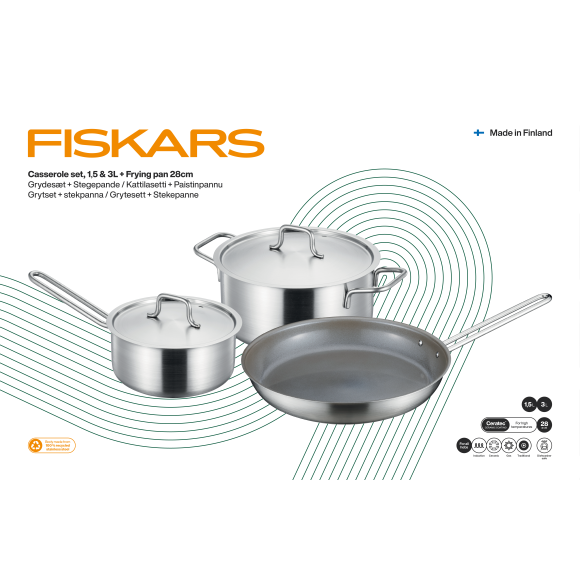 FISKARS Zestaw garnków 5 el | Garnek 20 cm / 3 L + Rondel 16 cm / 1,5 L + Patelnia 28 cm