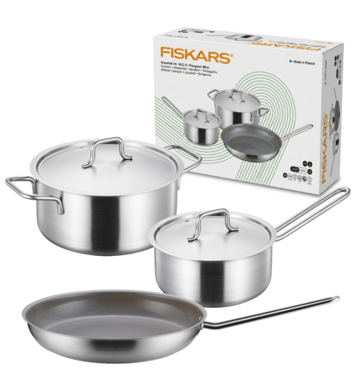 FISKARS Zestaw garnków 5 el | Garnek 20 cm / 3 L + Rondel 16 cm / 1,5 L + Patelnia 28 cm
