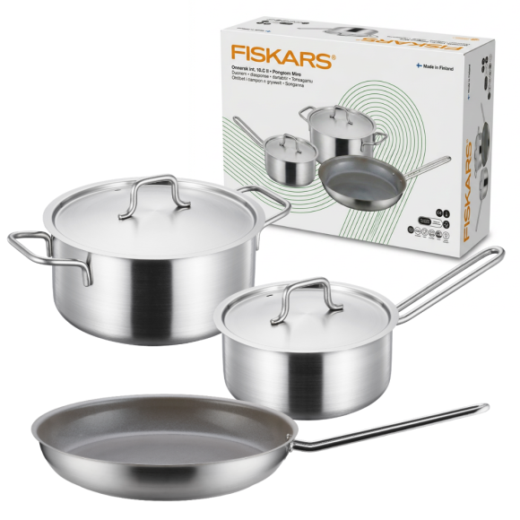 FISKARS Zestaw garnków 5 el | Garnek 20 cm / 3 L + Rondel 16 cm / 1,5 L + Patelnia 28 cm