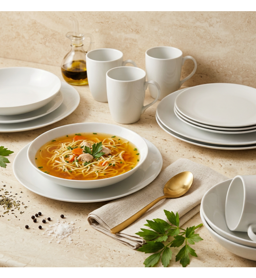 PRIMA DECO Komplet obiadowy porcelanowy16 el 4 os z kubkiem biały