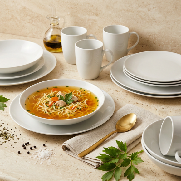 PRIMA DECO Komplet obiadowy porcelanowy16 el 4 os z kubkiem biały
