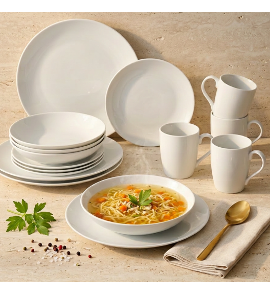 PRIMA DECO Komplet obiadowy porcelanowy16 el 4 os z kubkiem biały