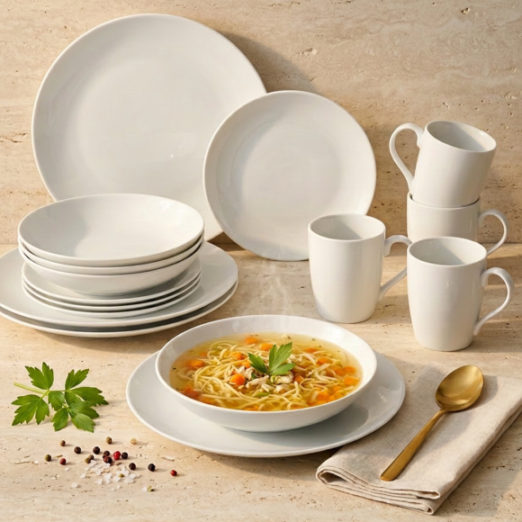 PRIMA DECO Komplet obiadowy porcelanowy16 el 4 os z kubkiem biały