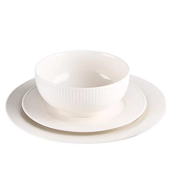 PRIMA DECO HARMONY Komplet obiadowy 18 el dla 6 os / ryflowany / prążek / ecru / porcelana
