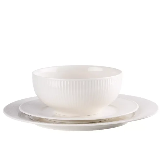 PRIMA DECO HARMONY Komplet obiadowy 18 el dla 6 os / ryflowany / prążek / ecru / porcelana