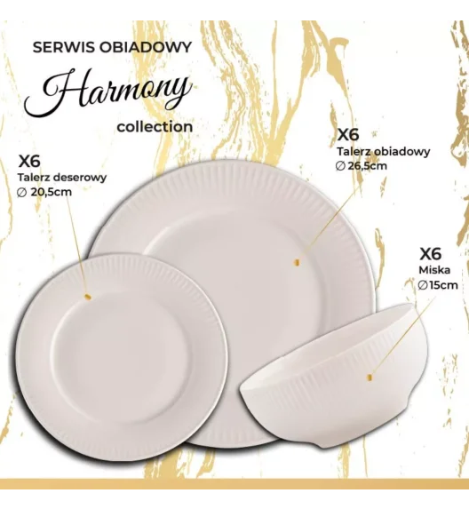 PRIMA DECO HARMONY Komplet obiadowy 18 el dla 6 os / ryflowany / prążek / ecru / porcelana