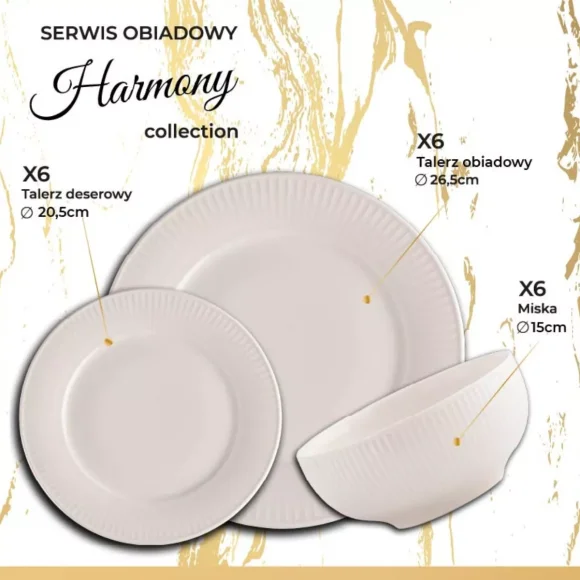 PRIMA DECO HARMONY Komplet obiadowy 18 el dla 6 os / ryflowany / prążek / ecru / porcelana