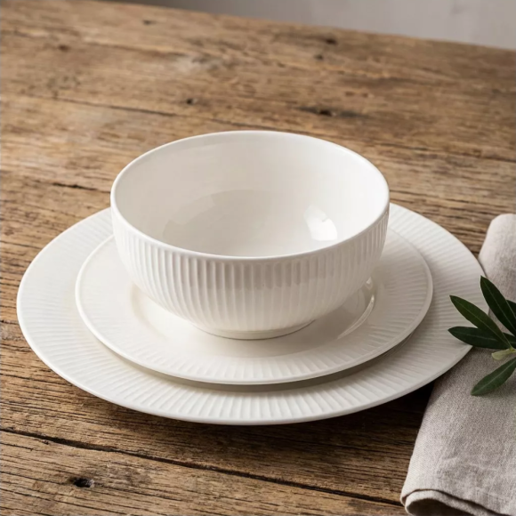 PRIMA DECO HARMONY Komplet obiadowy 18 el dla 6 os / ryflowany / prążek / ecru / porcelana