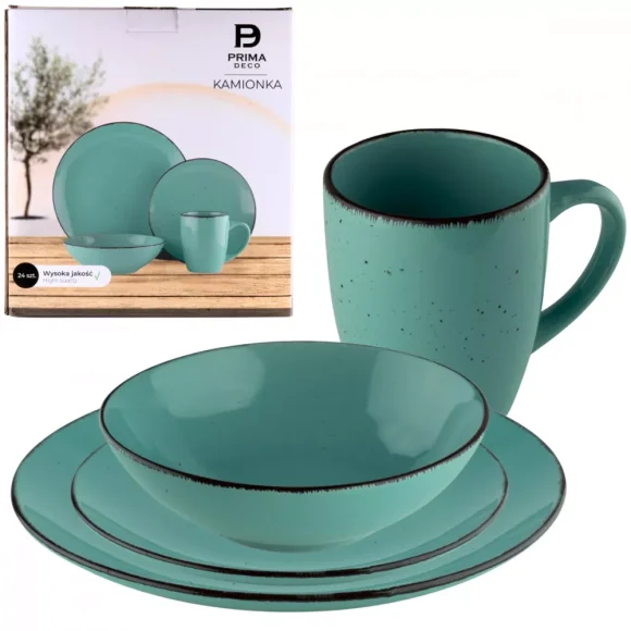PRIMA DECO Komplet obiadowy 24 el dla 6 os / turkusowy / kamionka