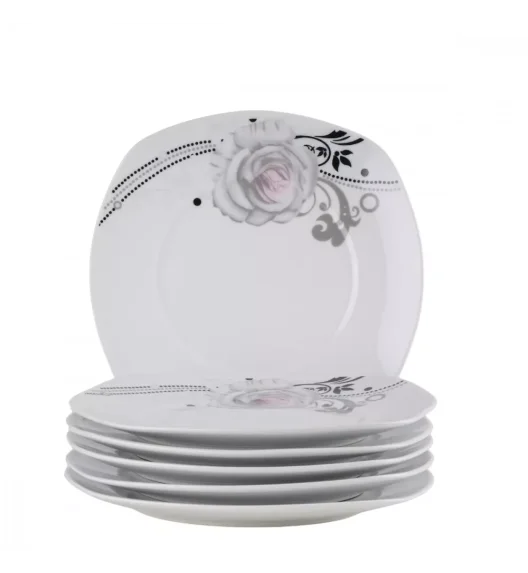 PRIMA DECO Komplet obiadowy 18 el dla 6 os SZARA RÓŻA / kwadratowy / porcelana