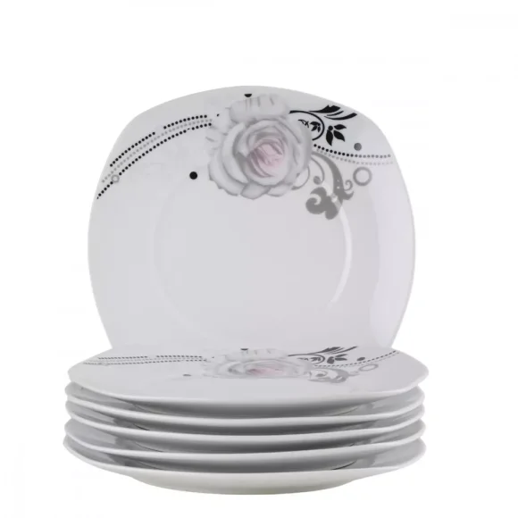 PRIMA DECO Komplet obiadowy 18 el dla 6 os SZARA RÓŻA / kwadratowy / porcelana