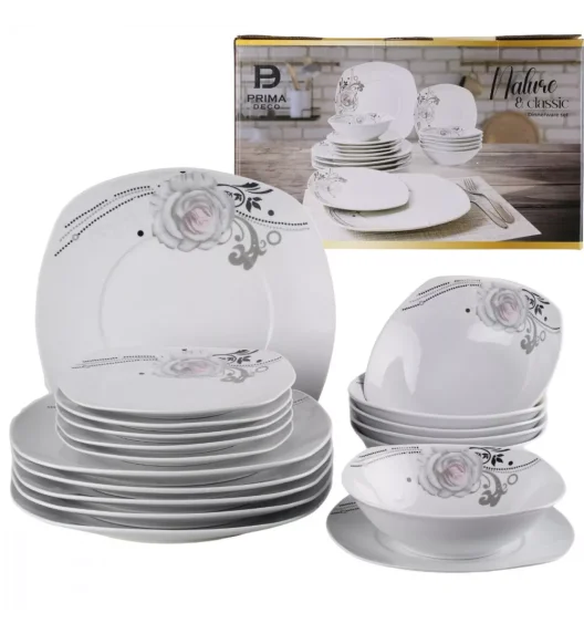 PRIMA DECO Komplet obiadowy 18 el dla 6 os SZARA RÓŻA / kwadratowy / porcelana