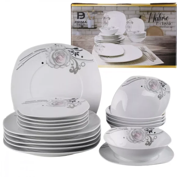 PRIMA DECO Komplet obiadowy 18 el dla 6 os SZARA RÓŻA / kwadratowy / porcelana