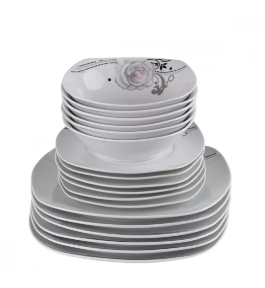 PRIMA DECO Komplet obiadowy 18 el dla 6 os SZARA RÓŻA / kwadratowy / porcelana