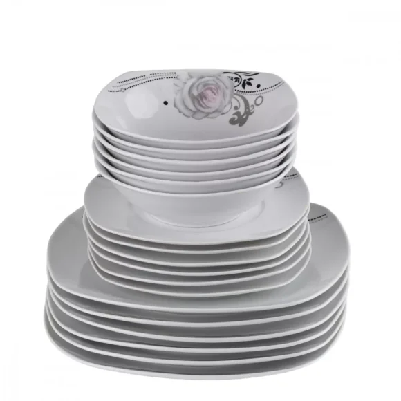 PRIMA DECO Komplet obiadowy 18 el dla 6 os SZARA RÓŻA / kwadratowy / porcelana