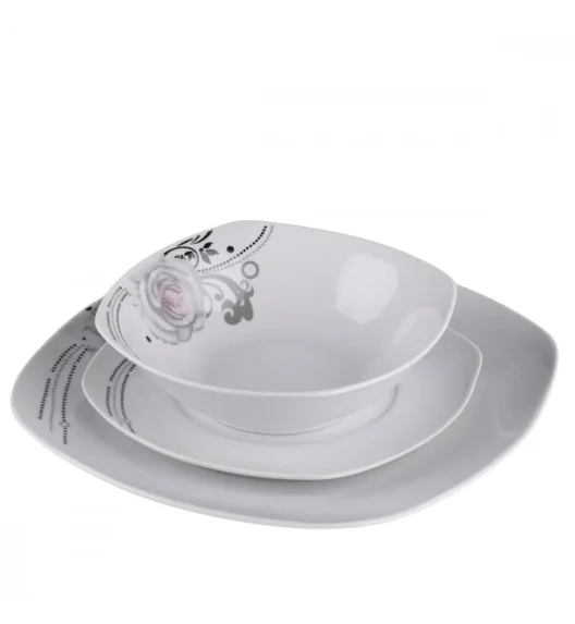 PRIMA DECO Komplet obiadowy 18 el dla 6 os SZARA RÓŻA / kwadratowy / porcelana